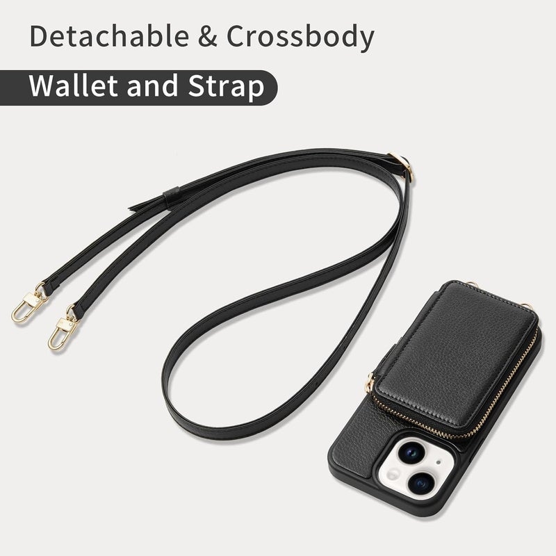ZVE for iPhone 15 Wallet Case, Card Holder Crossbody Phone Purse for Women, Zipper Leather RFID Blocking Carrying Cover with Wrist Strap for iPhone 15 (6.1 inch)- Black - Image 5